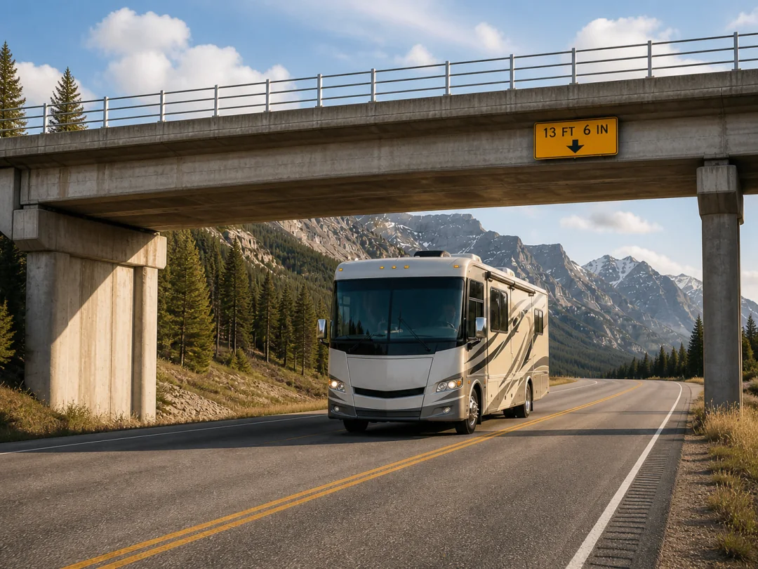 A motorhome fully in view beneath a mountain highway overpass with a visible 13 feet 6 inches clearance sign