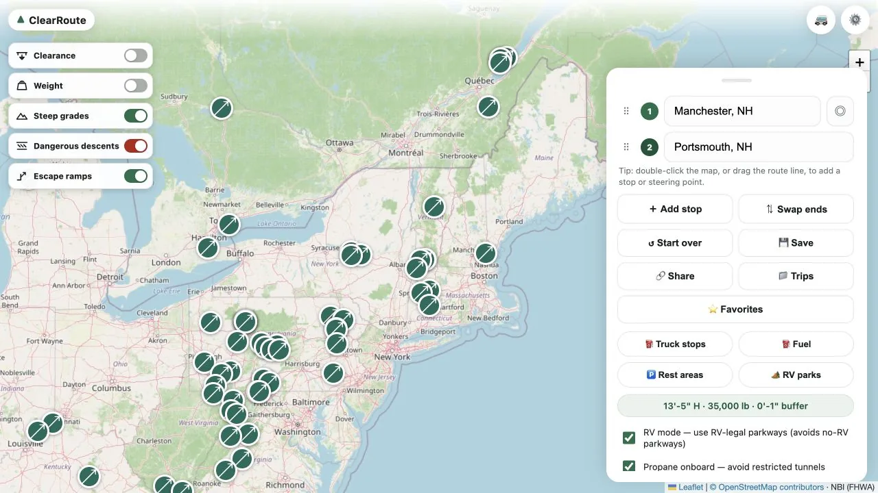 ClearRoute RV planner with a New Hampshire trip, vehicle dimensions, safety controls, and map visible