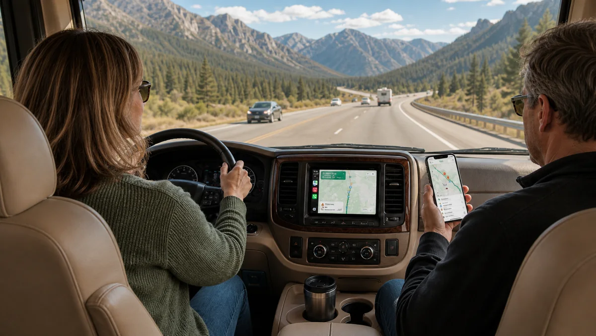 View from behind the front seats of an RV where a woman drives with navigation on the dash and a man checks nearby stops on a phone