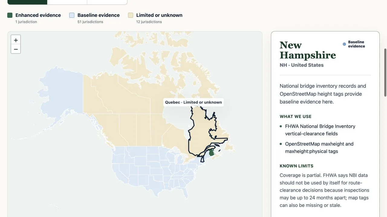 ClearRoute safety data map showing height evidence coverage and a New Hampshire source summary
